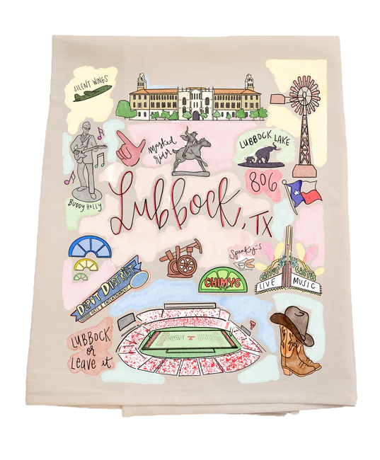 Decorative towel with illustrations of Lubbock, Texas landmarks and text on a beige background