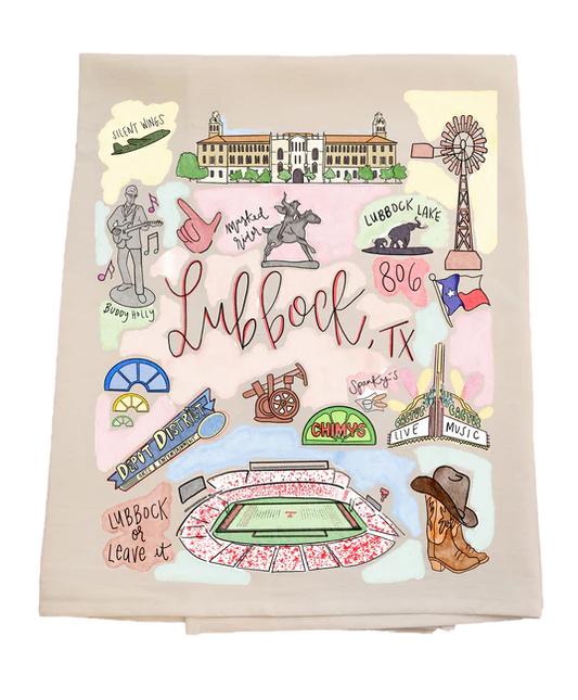 Decorative towel with illustrations of Lubbock, Texas landmarks and text on a beige background