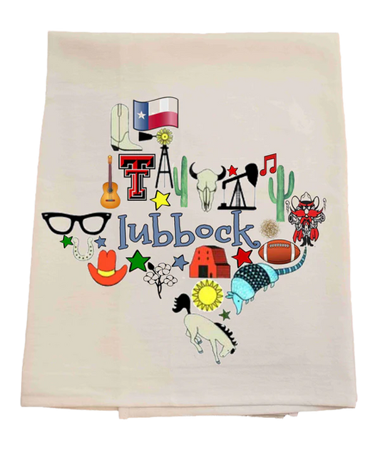 Decorative towel with colorful graphics and Lubbock Texas on a white background