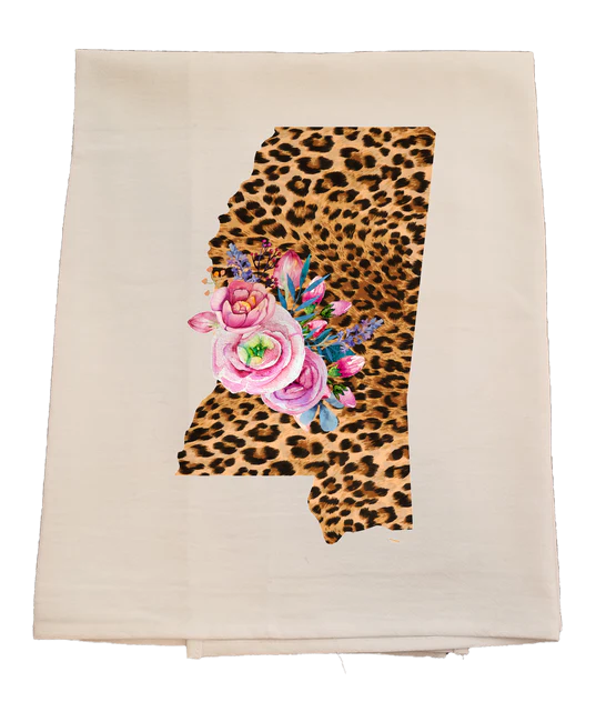 Beige towel with a leopard print and floral design in the shape of the state of Alabama.