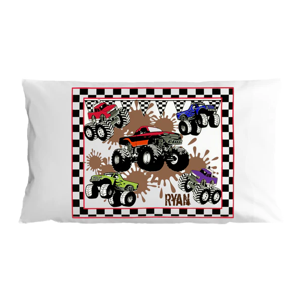 Pillowcase with monster truck design and name 'Ryan' on a white background