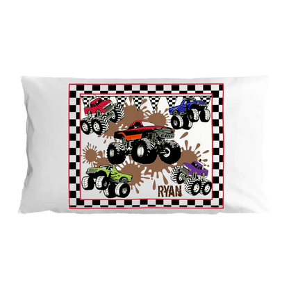 Pillowcase with monster truck design and name 'Ryan' on a white background