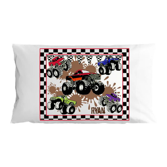 Pillowcase with monster truck design and name 'Ryan' on a white background