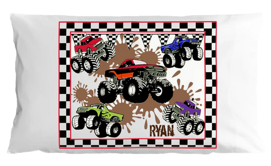Pillowcase with colorful monster truck design on a checkered border, featuring the name 'Ryan'.