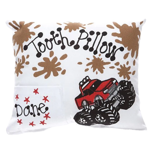 Tooth pillow with monster truck design and 'Dane' text on a white background