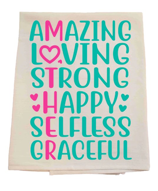 Folded towel with motivational text in teal and pink on a white background