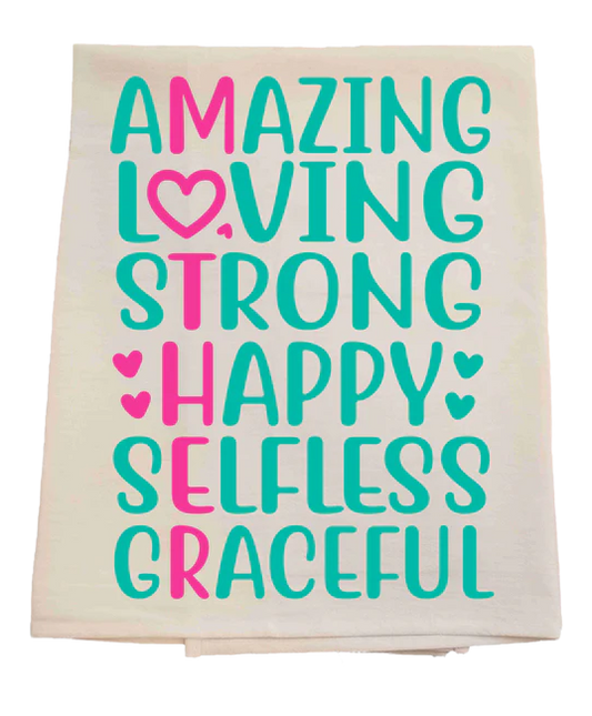 Folded towel with motivational text in teal and pink on a white background