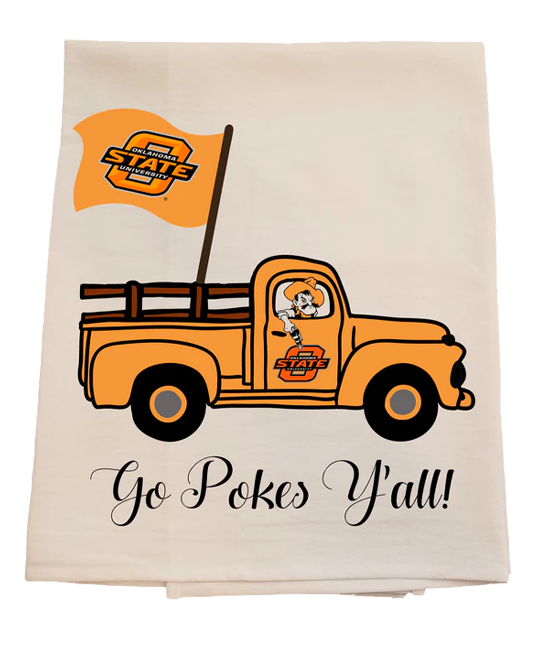 Tea towel with an orange truck and flag design, featuring text 'Go Pokes Y'all!' on a white background.