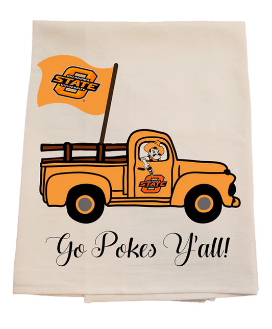 Tea towel with an orange truck and flag design, featuring text 'Go Pokes Y'all!' on a white background.