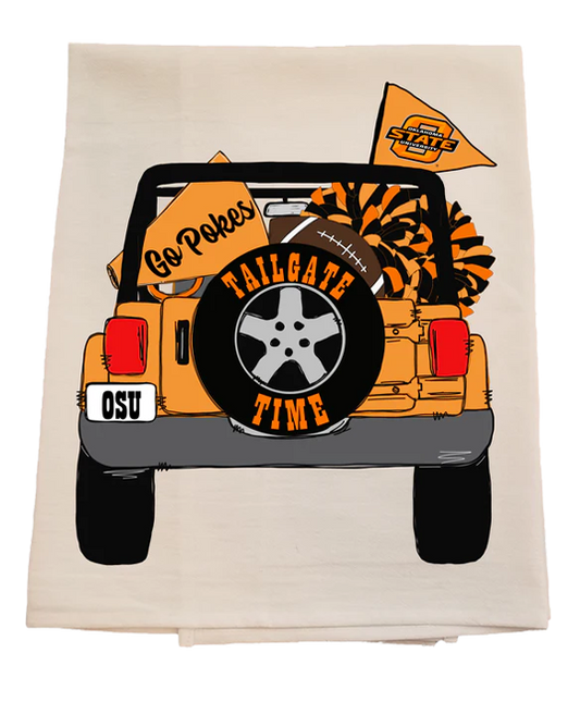 Beige towel with a graphic of a jeep and sports-themed text on a white background
