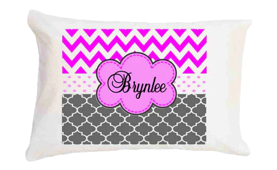 Personalized pillowcase with pink chevron and gray pattern, featuring the name 'Brynnlee'.