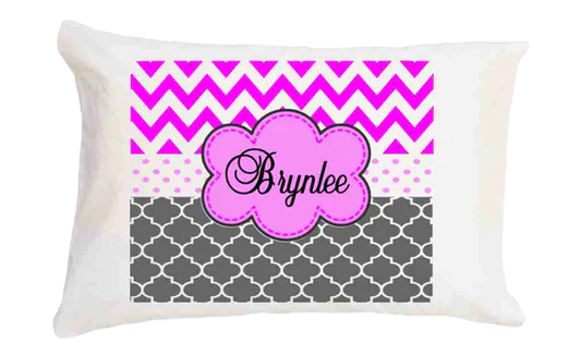 Personalized pillowcase with pink chevron and gray pattern, featuring the name 'Brynnlee'.
