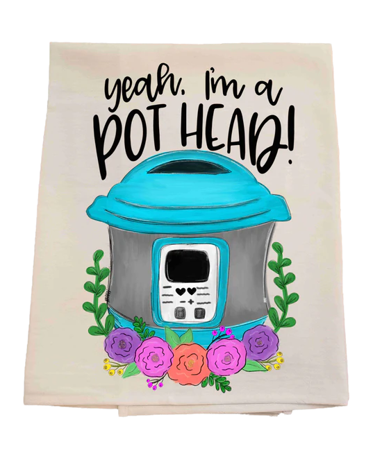 Tea towel with a coffee pot design and text 'yeah, I'm a pot head!' on a white background