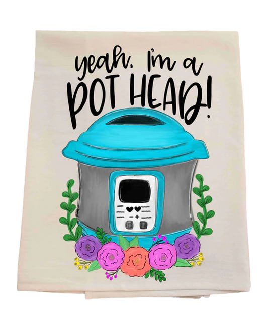 Tea towel with a coffee pot design and text 'yeah, I'm a pot head!' on a white background