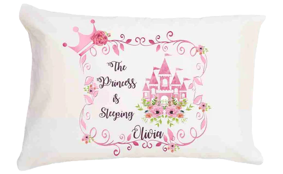 Decorative pillow with princess castle design and personalized text on a white background