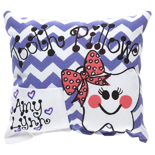 Tooth-shaped pillow with a bow and personalized name on a blue and white chevron background
