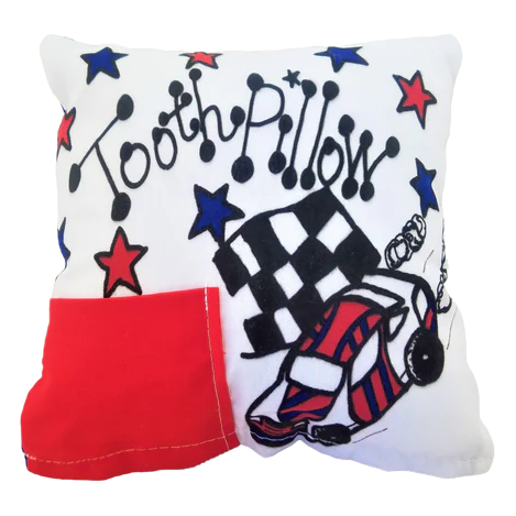 Decorative pillow with racing theme and 'Tooth Pillow' text on a white background