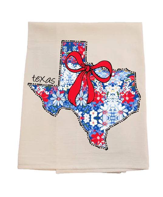 Floral Texas-shaped towel with a red bow on a beige background