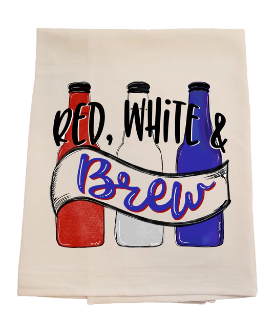 Tea towel with red, white, and blue bottles and 'Red, White & Brew' text on a white background