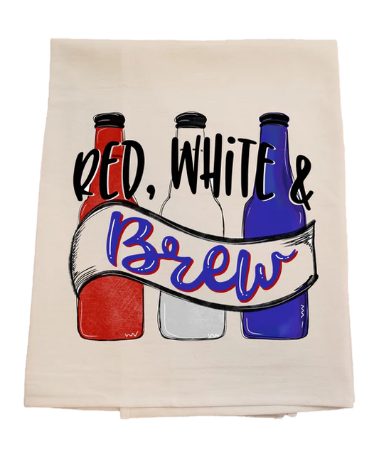 Tea towel with red, white, and blue bottles and 'Red, White & Brew' text on a white background