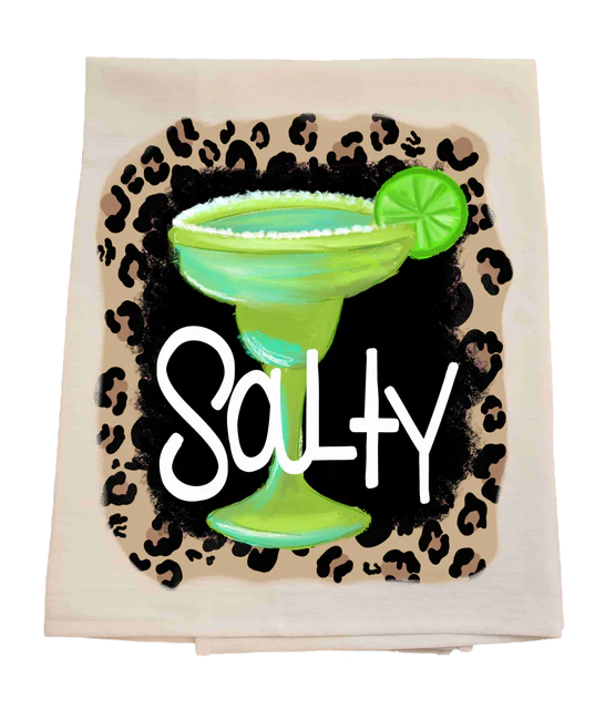 Tea towel with a margarita glass and leopard print border, featuring the word 'Salty'.