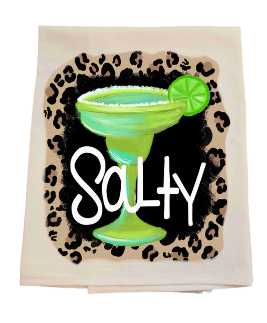 Tea towel with a margarita glass and leopard print border, featuring the word 'Salty'.