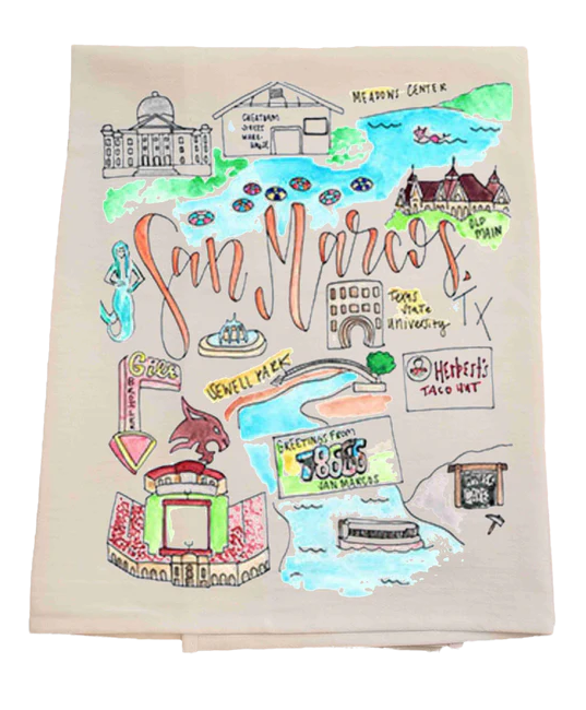Tea towel with colorful illustration of San Marcos landmarks and text