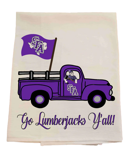 Tea towel with a purple truck and flag design, featuring text 'Go Lumberjacks Y'all!' on a white background.