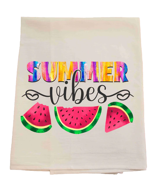 Towel with 'Summer vibes' text and watermelon graphics on a white background