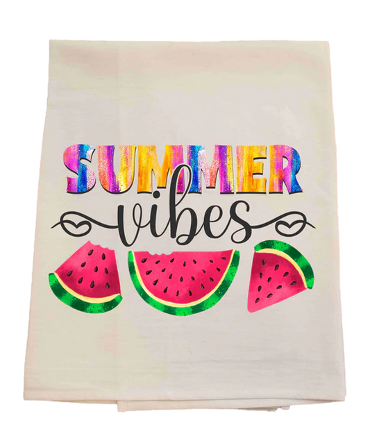 Towel with 'Summer vibes' text and watermelon graphics on a white background