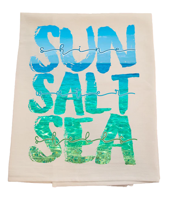 Beige towel with blue and green text 'Sun Salt Sea' on a white background