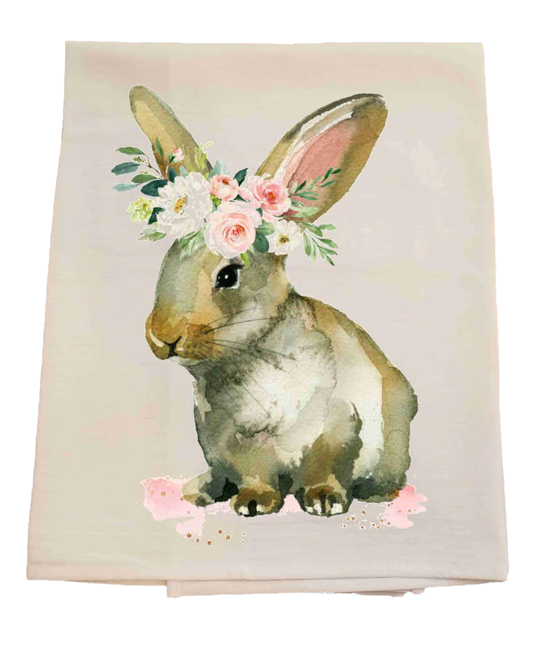 Floral towel with a rabbit design on a white background