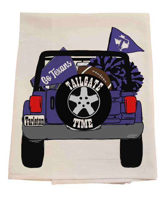 Tea towel with a graphic of a jeep, football, and tailgate time design on a pastel background.