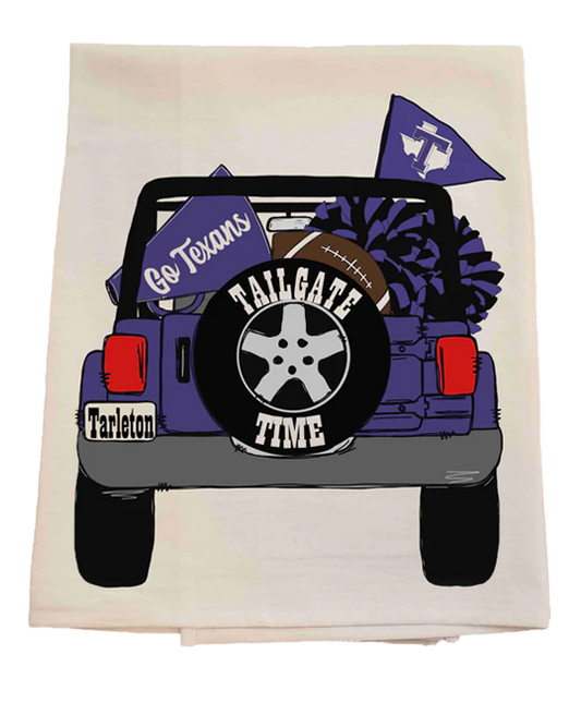 Tea towel with a graphic of a jeep, football, and tailgate time design on a pastel background.