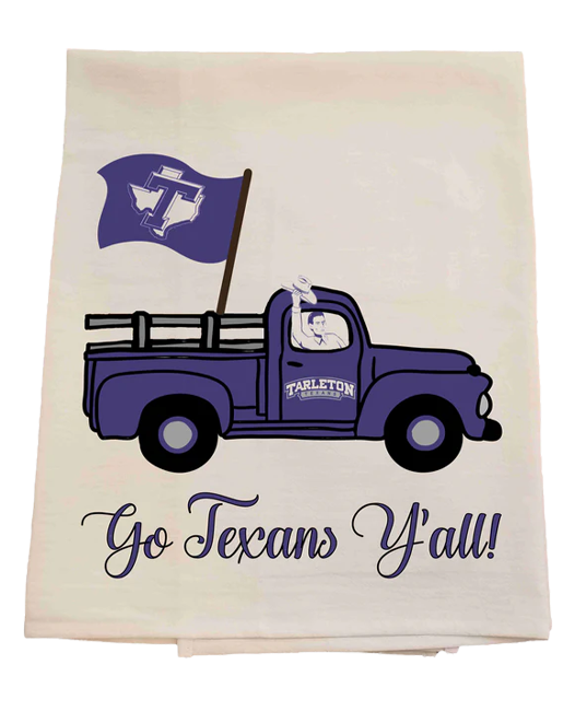 Tea towel with a purple truck and flag design, featuring the text 'Go Texans Y'all!' on a white background.