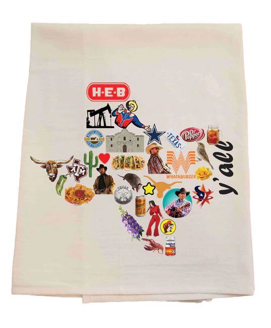 Folded towel with colorful graphics and text on a white background