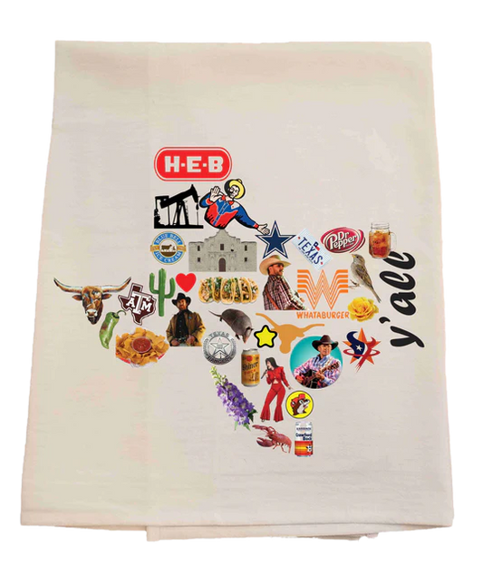 Folded towel with colorful graphics and text on a white background