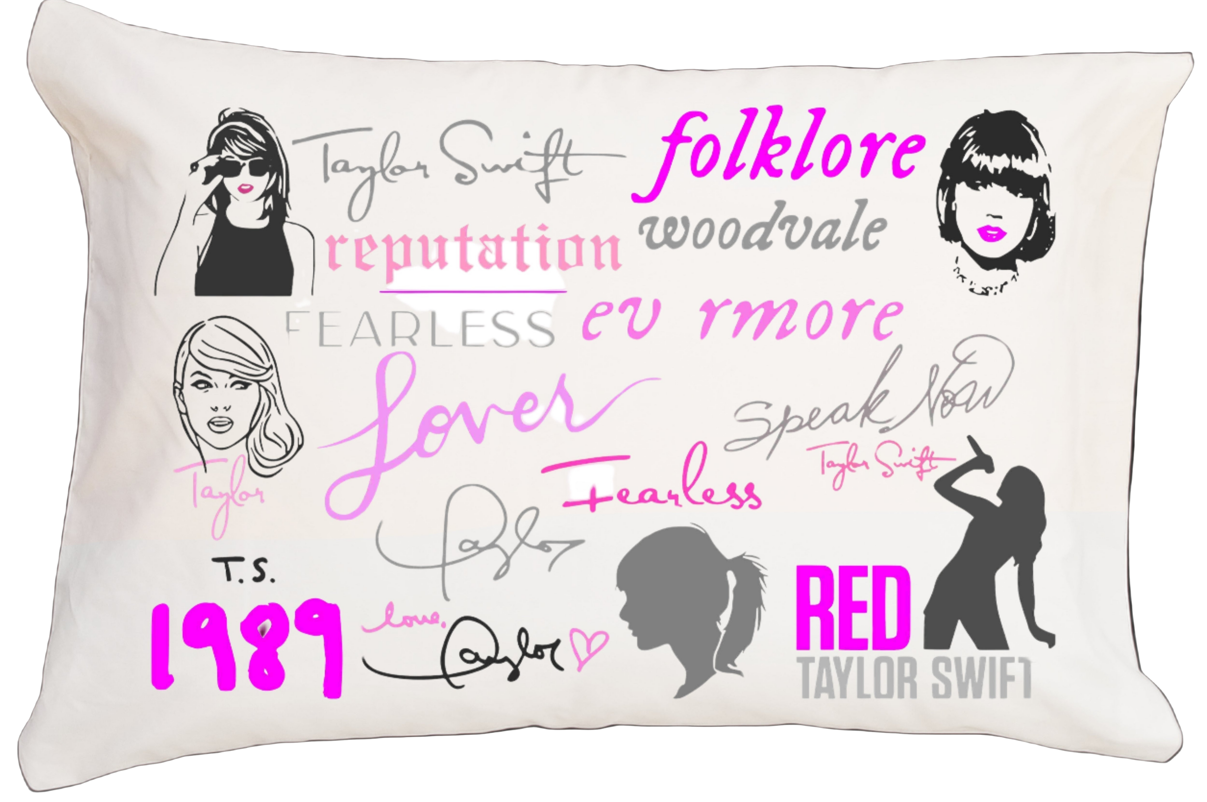 Decorative pillow with Taylor Swift album names and silhouettes on a white background