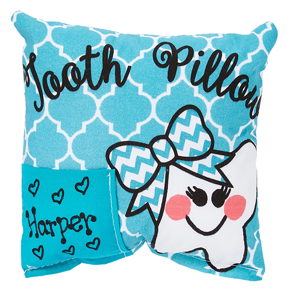 Teal tooth pillow with cartoon tooth and name 'Harper' on a white background