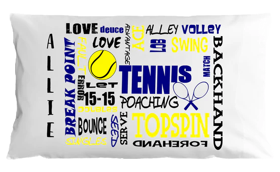 Pillow case with tennis-themed words and graphics on a white background
