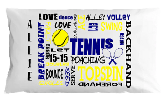 Pillow case with tennis-themed words and graphics on a white background