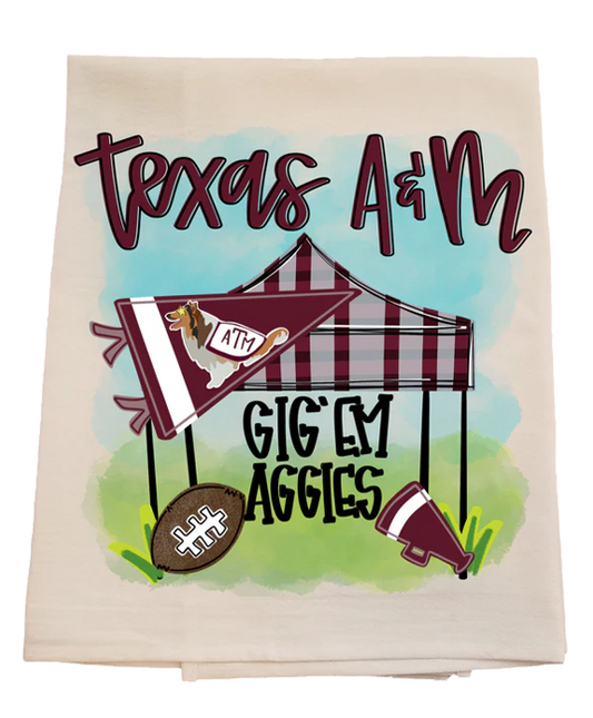 Decorative towel with 'Texas A&M Gig 'Em Aggies' text and football graphics on a white background