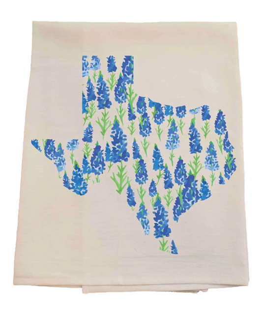 Floral patterned towel with blue and green Blue Bonnet flowers on a beige background