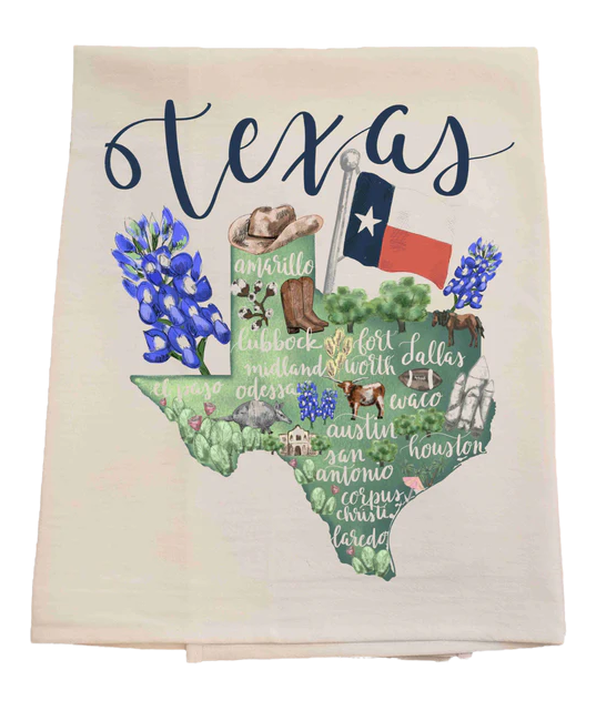Texas-themed towel with state map, bluebonnets, and flag on a white background