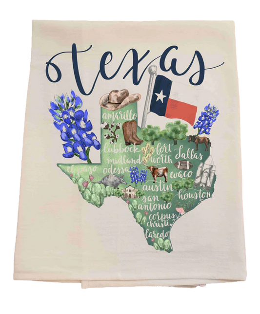 Texas-themed towel with state map, bluebonnets, and flag on a white background
