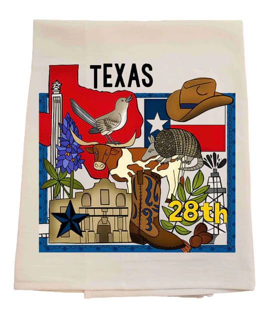 Texas-themed decorative towel with various symbols on a white background