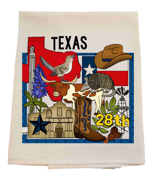 Texas-themed decorative towel with various symbols on a white background