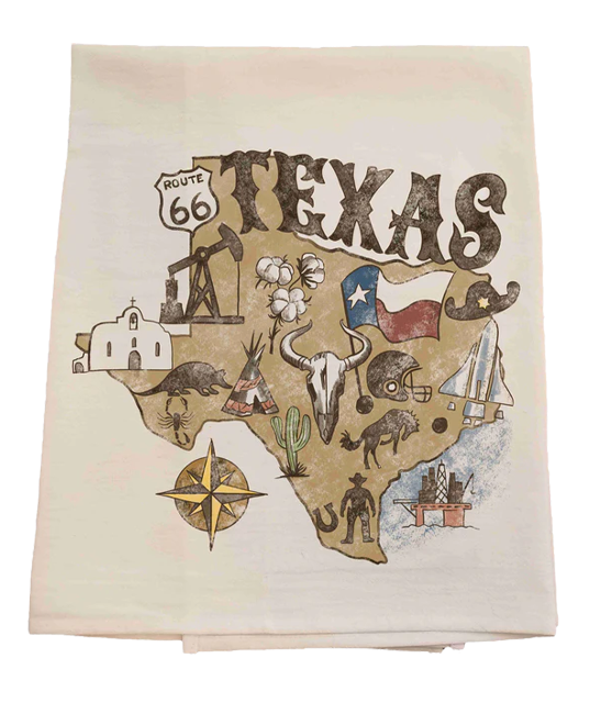 Texas-themed towel with map design and various symbols on a white background