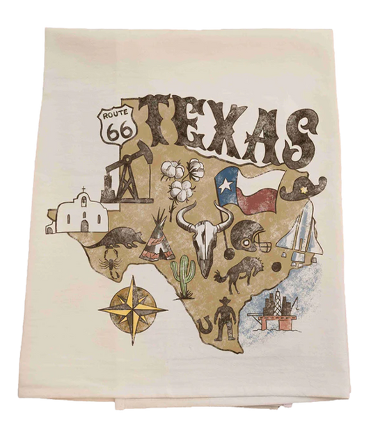 Texas-themed towel with map design and various symbols on a white background