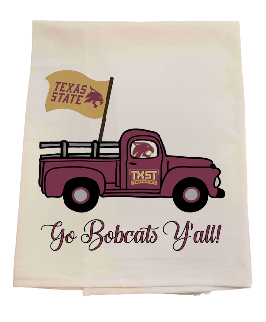 Tea towel with a Texas State truck design and text on a white background